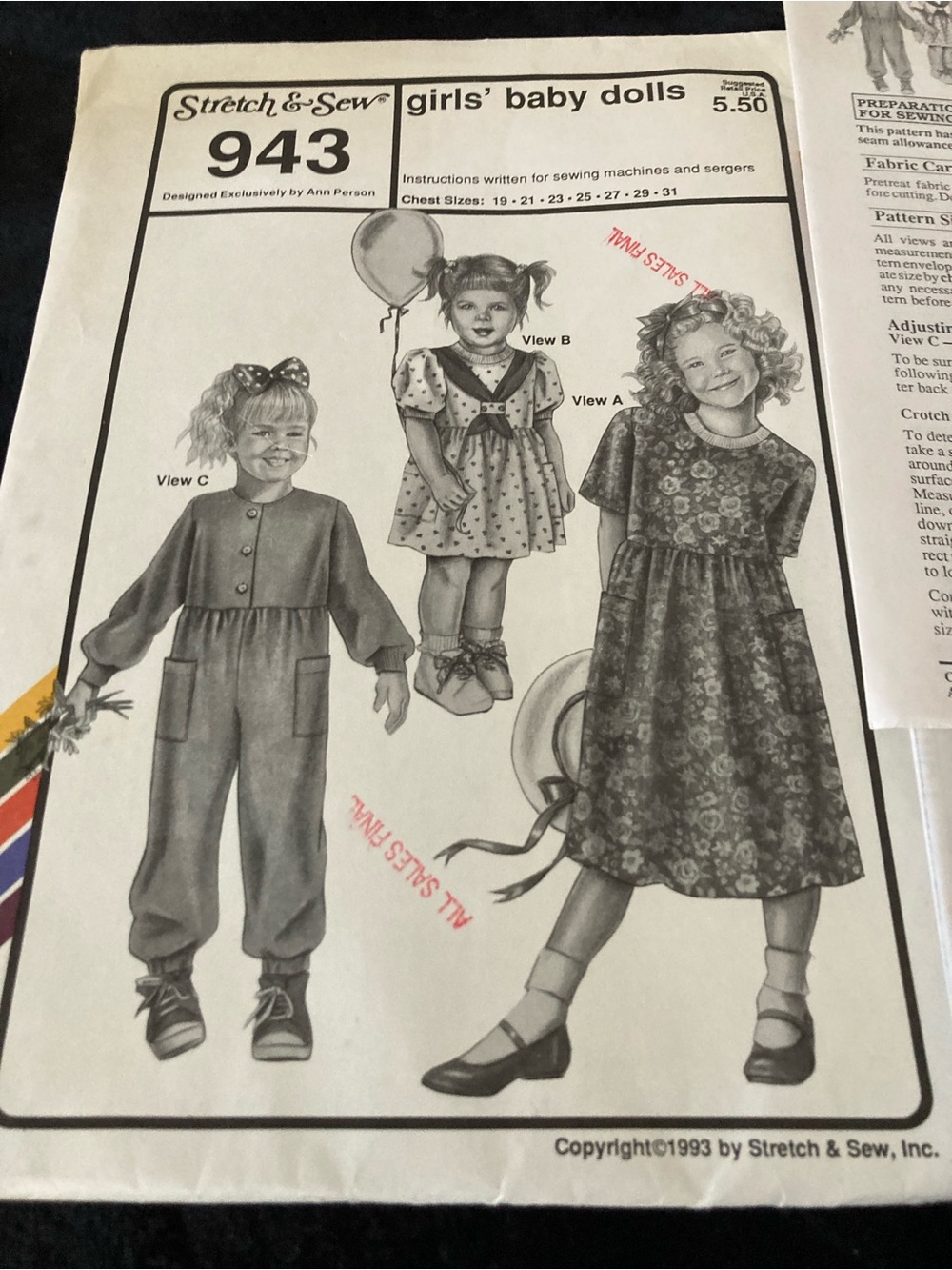 Stitch & Sew Girls' Baby Doll Dress and Romper Pattern 943 - New Uncut